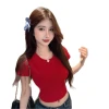 Southeast Asian cross-border women's clothing, red cutout backless bow short-sleeved T-shirt, slimming, sexy, unique and beautiful top Item Picture